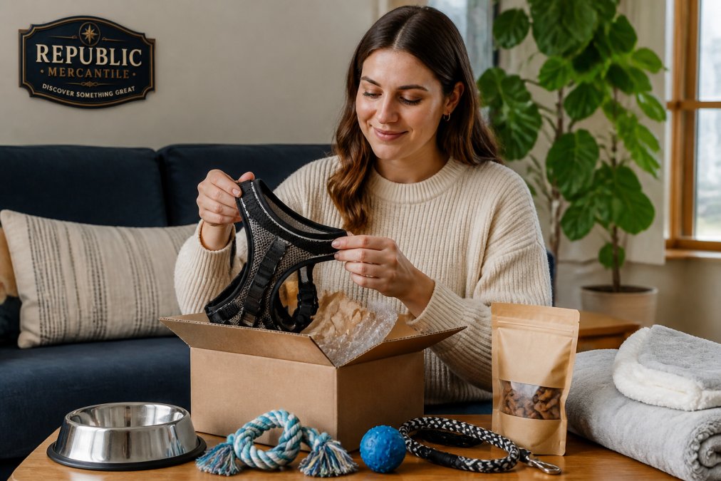 Pet owner unboxing affordable pet supplies at home, carefully examining a dog harness and checking product quality with satisfied expression, natural home lighting