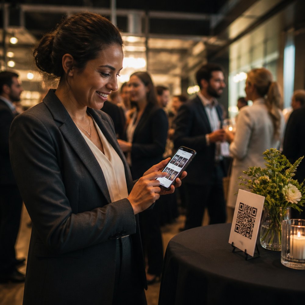 A small business owner at a corporate event smiling while looking at a smartphone showing a gallery of guest-uploaded photos, with a QR code sign visible on a nearby table and guests mingling in the background