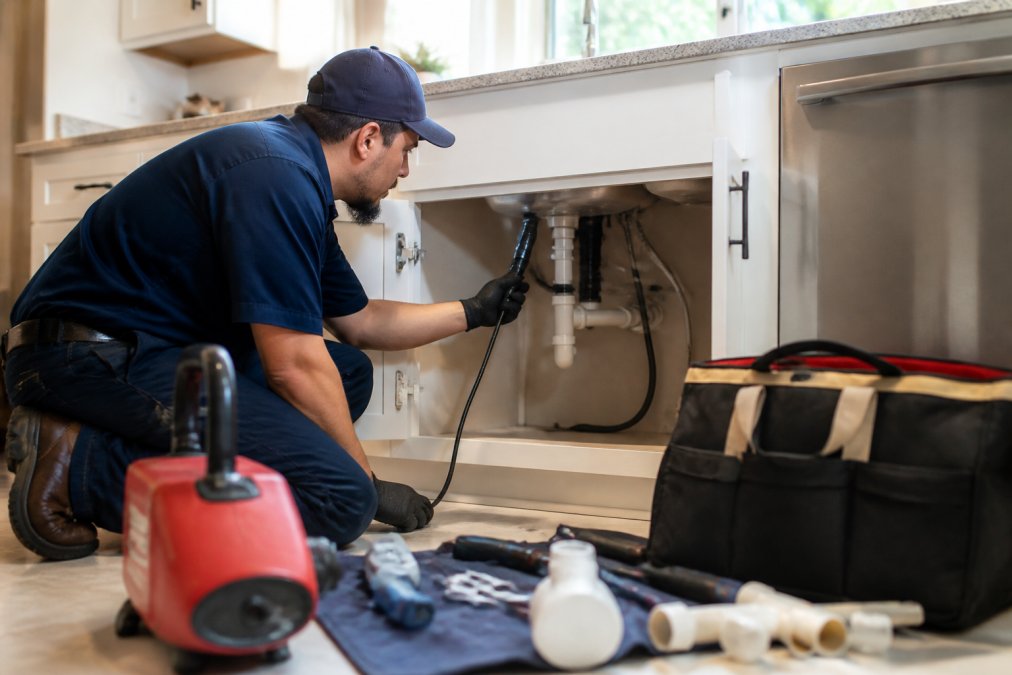 Licensed plumber in uniform examining pipes under a sink with professional diagnostic equipment and tools in a residential kitchen