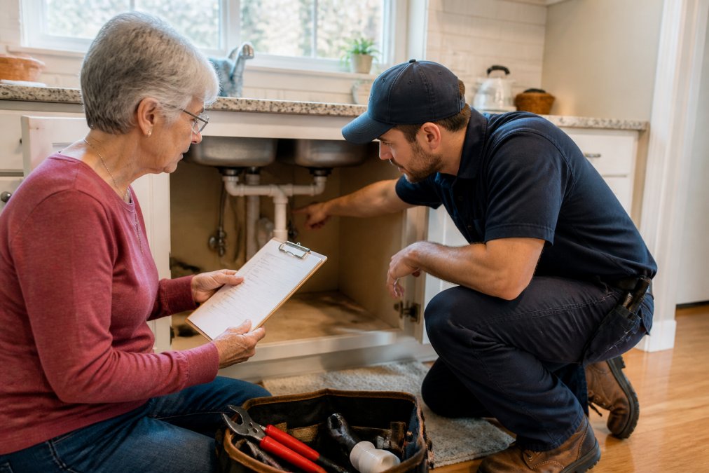 Friendly plumber explaining a kitchen sink repair to a senior using a checklist for plumbing repair for seniors