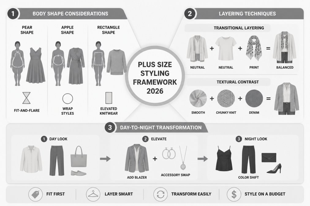 Process diagram showing steps for Styling for affordable plus size fashion trends