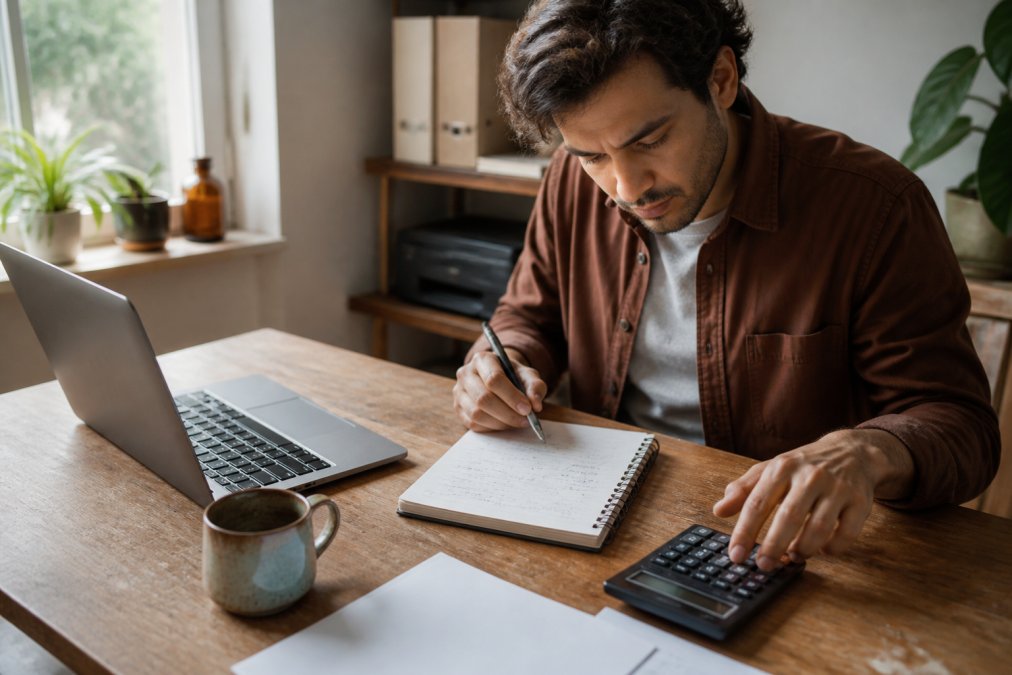 Freelancer sitting at wooden desk with laptop, calculator, and handwritten rate calculations on notepad, natural window lighting illuminating workspace