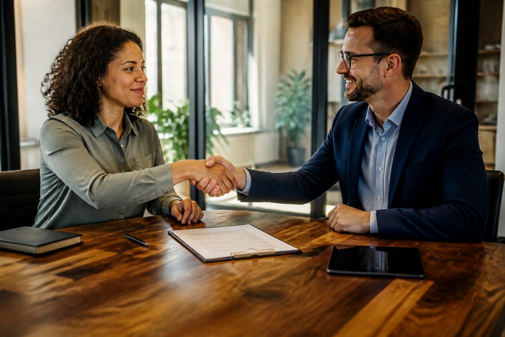 Two professionals seated across from each other at conference table reviewing contract documents, natural office lighting, handshake moment