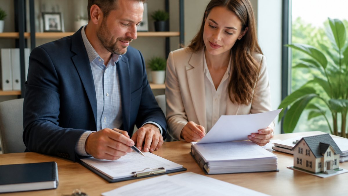 Professional property manager and investor reviewing rental property documents and discussing management strategy in modern office setting with natural lighting