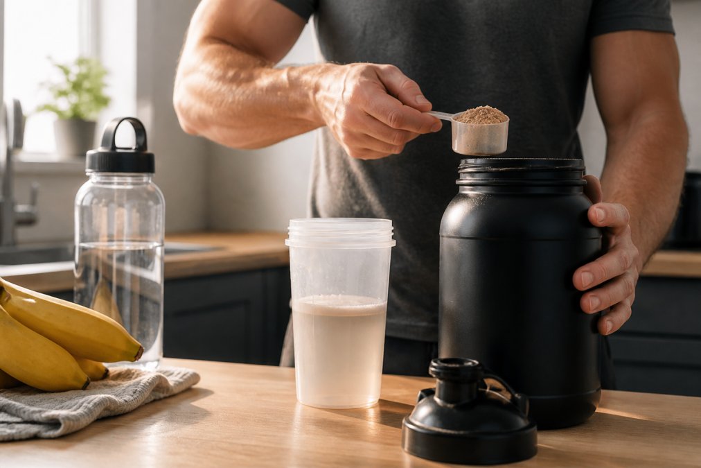 Close-up of hands scooping chocolate protein powder from a tub into a shaker bottle on a kitchen counter, morning light through a window, fresh bananas and a water bottle nearby