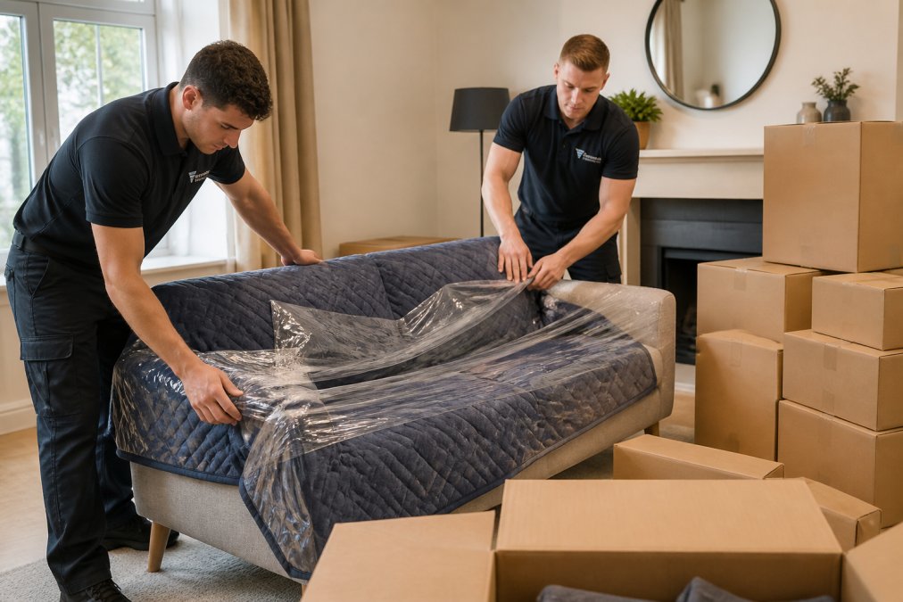 A uniformed removal team carefully wrapping a sofa in protective covers inside a bright living room, with packed cardboard boxes stacked nearby