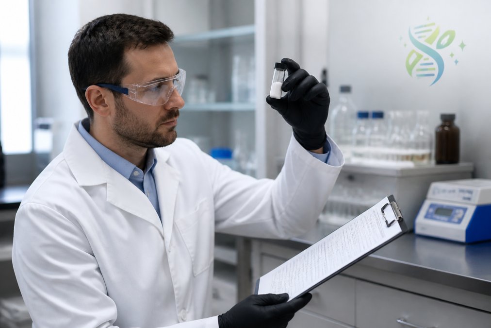 Scientist in a white lab coat holding a glass vial of white lyophilized peptide powder up to the light while reviewing a printed certificate of analysis on a clipboard, bright modern laboratory with stainless steel benches