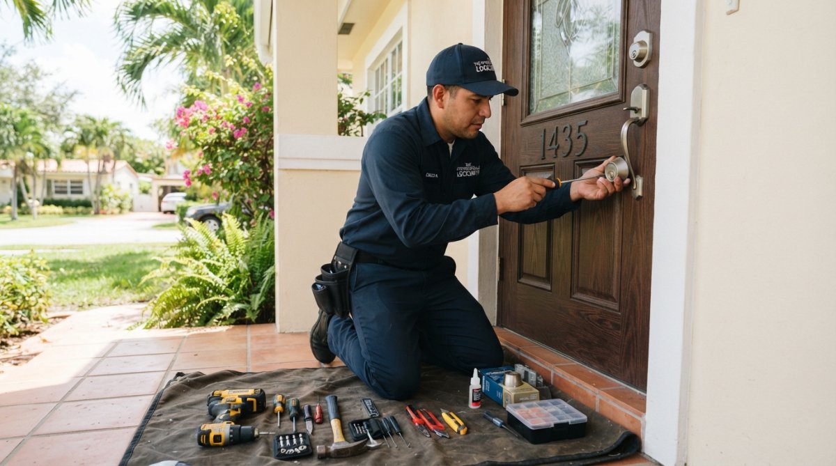 Professional locksmith technician in uniform installing a new deadbolt on a residential front door in Miami, tools laid out on a protective cloth, bright daylight