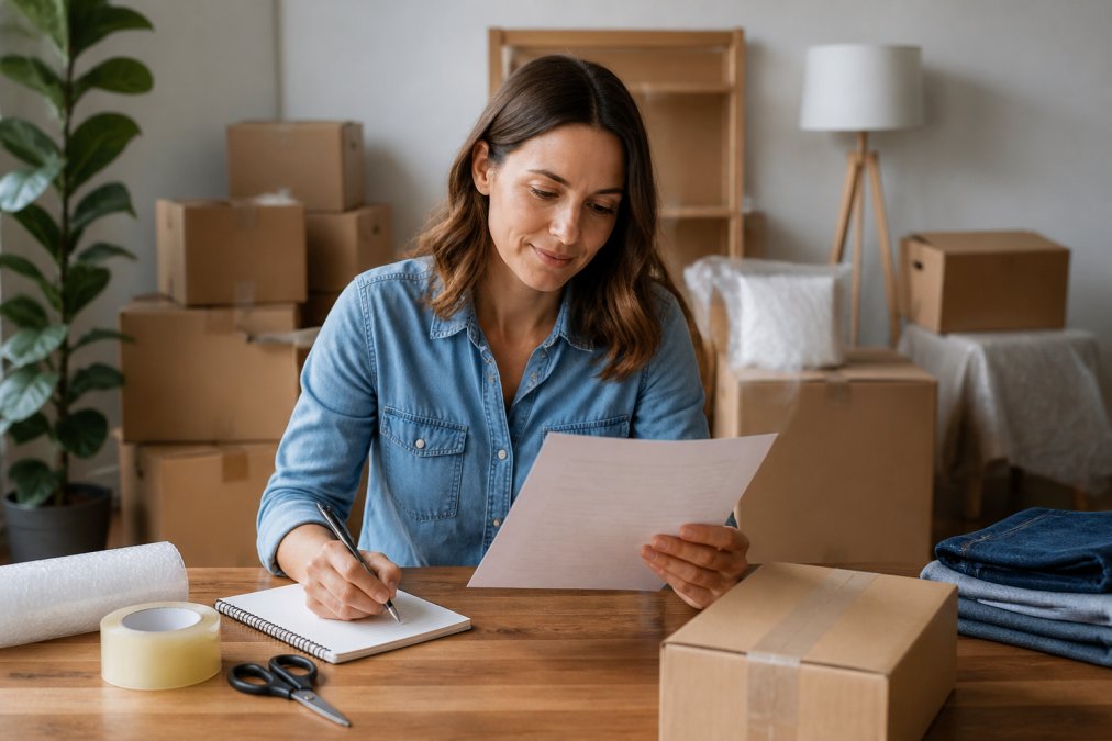 Affordable Residential Movers in Jacksonville: 2026 Guide 1 Homeowner reviewing a detailed moving checklist at a desk with labeled boxes and packing materials organized in the background, natural window lighting illuminating the workspace