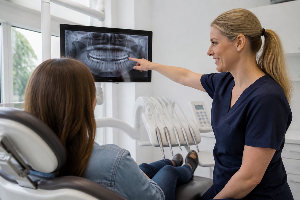 A friendly dental professional discussing treatment options with a patient in a bright, modern dental clinic, pointing to a screen showing a dental x-ray