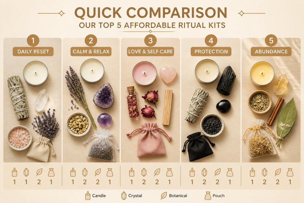 Flat lay arrangement of five ritual kits displayed side by side on a neutral wooden surface, showing candles, crystals, sage bundles, dried flowers, and botanical materials from each kit with soft natural window lighting
