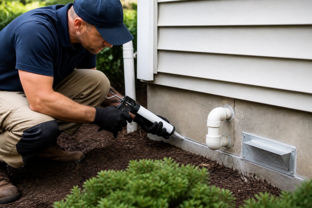 Professional pest control technician sealing exterior foundation cracks and pipe entry points around the base of a residential home using caulk and metal exclusion materials in daylight