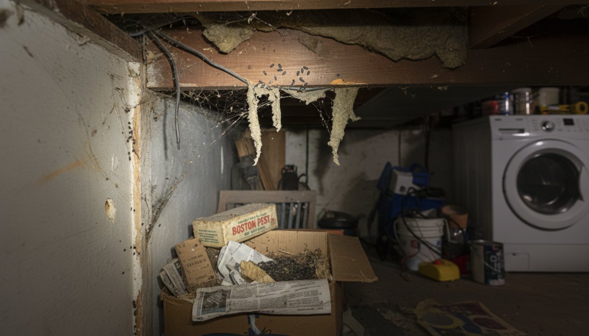 Close-up of rodent droppings and gnaw marks along a wooden baseboard in a Boston-area home [kitchen](/how-to-prevent-ants-in-kitchen/), with a flashlight illuminating the damage in the dim space