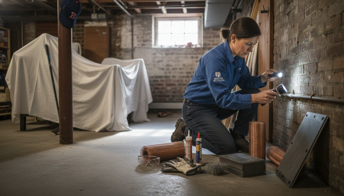 A homeowner wearing work gloves pressing steel wool into a gap around a copper pipe at the base of a brick exterior wall on a Boston rowhouse, with a tube of caulk and hardware cloth visible nearby in afternoon light