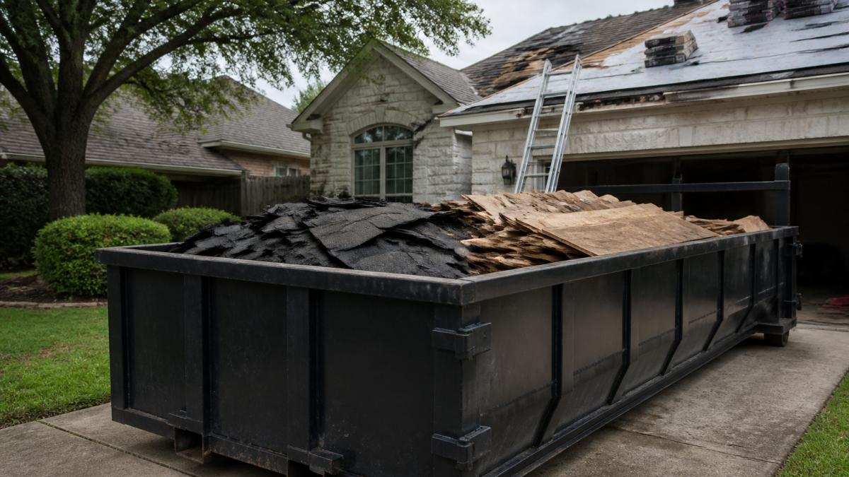 Roll-off dumpster filled with construction debris for affordable roll off dumpsters Austin project needs.