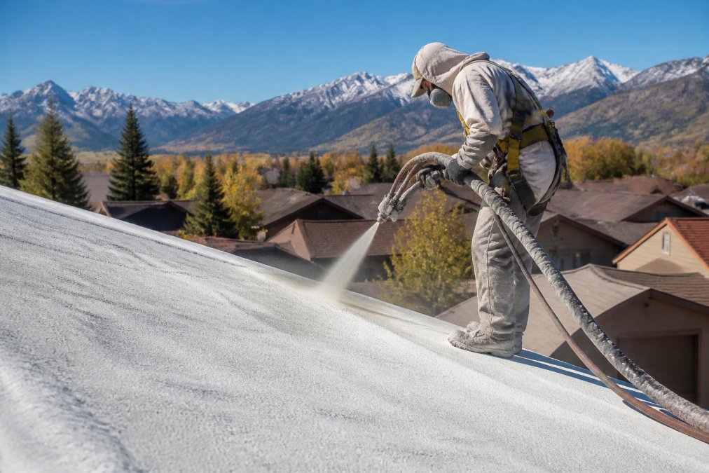 A roofing contractor in safety gear applying spray foam to a residential roof under a clear sky, with a snow-capped mountain range visible in the background