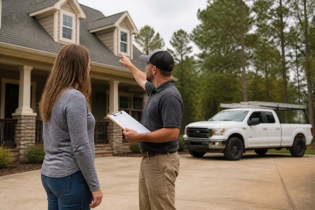 Homeowner discussing a roofing project with affordable roofers by a work truck