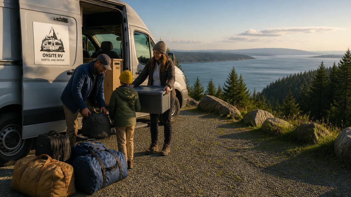 Family loading luggage and camping gear into a camper van parked at a scenic overlook on Vancouver Island, with ocean and forest visible in the background, golden afternoon light