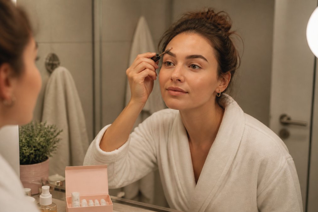 Woman applying brow lamination solution at home with small brush applicator, patch test kit visible on bathroom counter, warm bathroom lighting