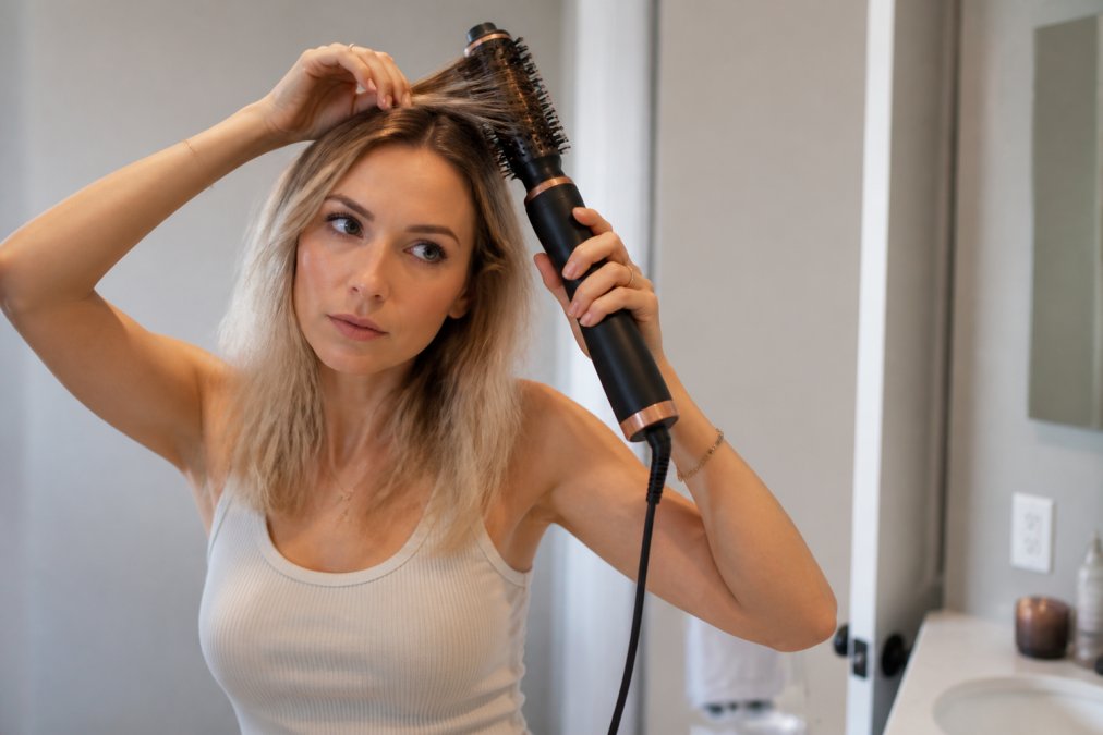 Woman with fine, delicate hair using a multi-function hair styler to dry and style her roots with precision, demonstrating the ease of handling and control in natural bathroom lighting