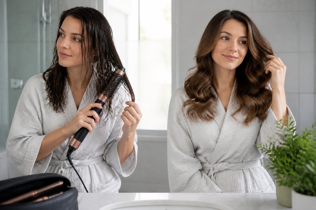 Woman with damp hair transforming her look using an affordable multi-function hair styler at her bathroom vanity, showing the progression from wet hair to professionally styled waves in natural morning light