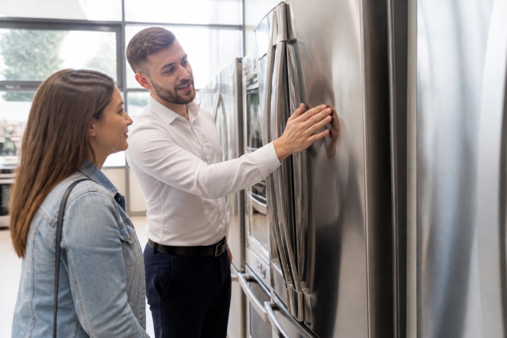 A customer in a bright appliance showroom inspecting a stainless steel refrigerator with a small cosmetic dent on the side, while a friendly sales associate points out the damage and explains the discount