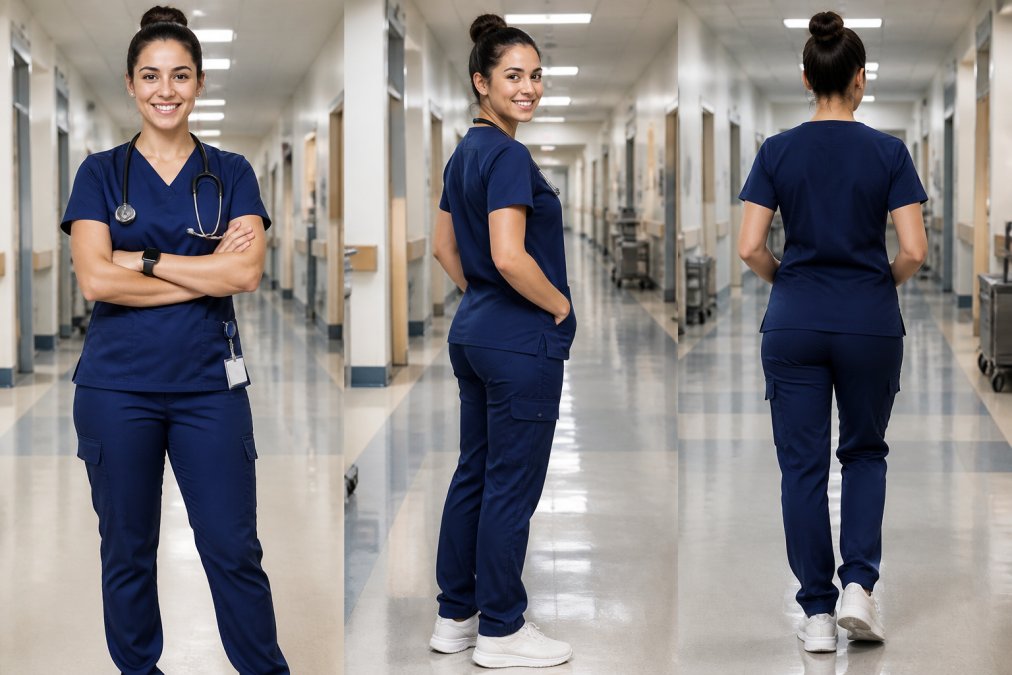 A young female nurse in clean, well-fitted navy scrubs standing confidently in a bright modern hospital hallway, stethoscope around her neck, cargo pockets visible on the pants, natural overhead lighting, professional and approachable expression