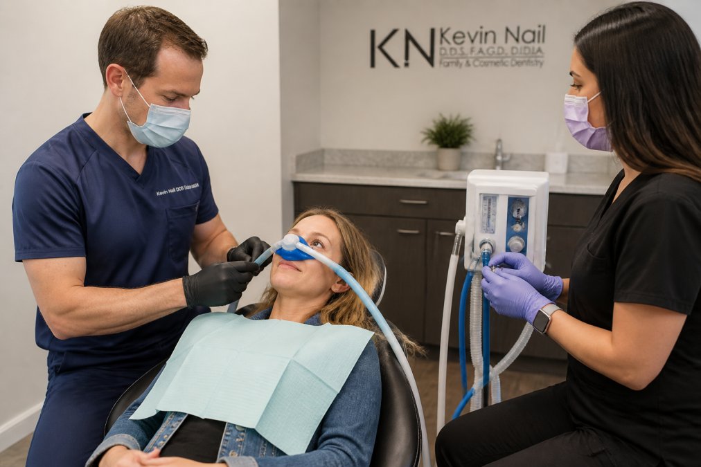 A calm dental patient sitting in a modern dental chair with a nitrous oxide mask, smiling comfortably while a dentist and assistant monitor vital signs in a bright, welcoming office