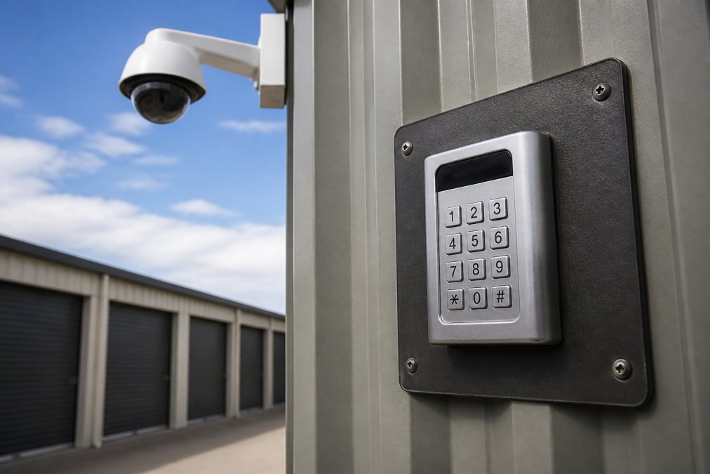 Close-up of a secure keypad PIN access system on a storage unit door, with CCTV camera visible in the background of the facility, showing professional-grade security infrastructure