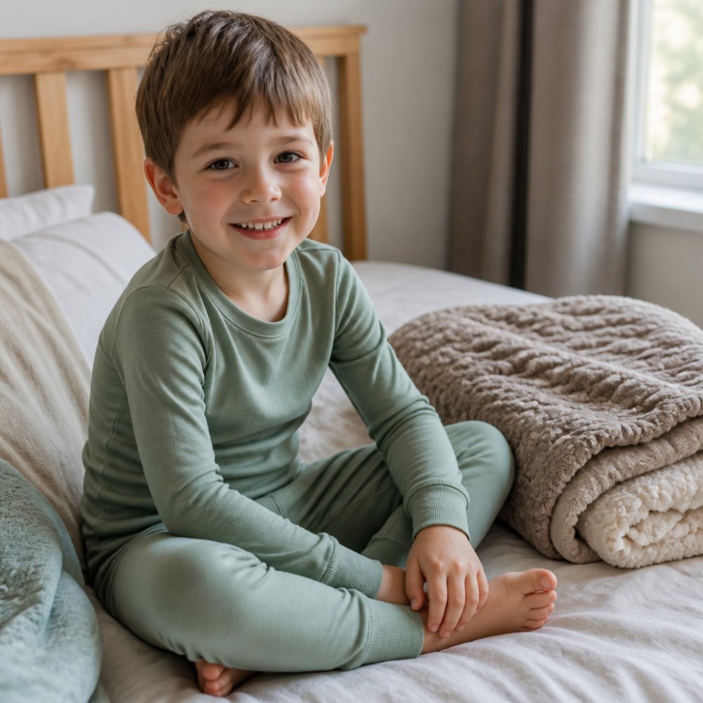 A young child wearing soft tagless pajamas, smiling comfortably in a cozy bedroom with warm natural light and a folded blanket nearby