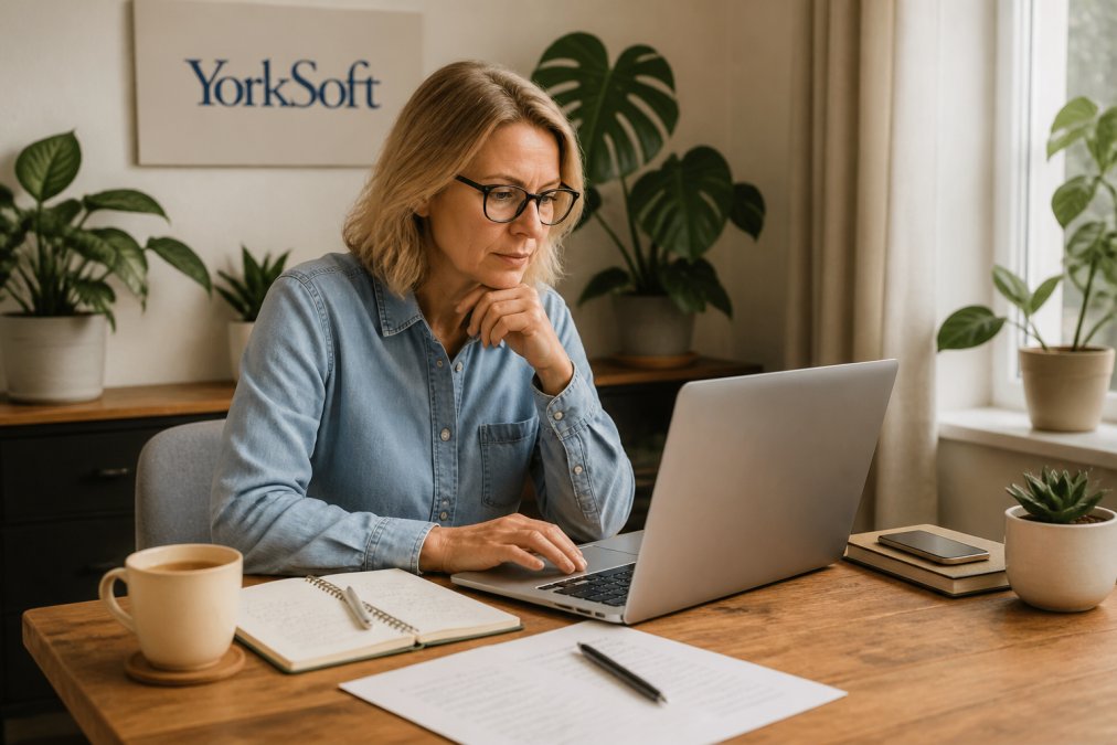 Small business owner reviewing analytics and search rankings on a laptop at their desk with notes and a cup of tea nearby, natural office lighting