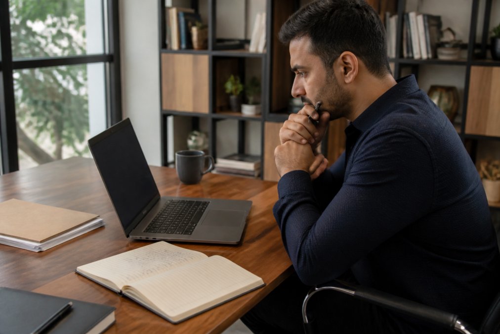 Startup founder reviewing freelancer profiles and portfolios on a laptop, with notes and coffee on the desk, natural office lighting