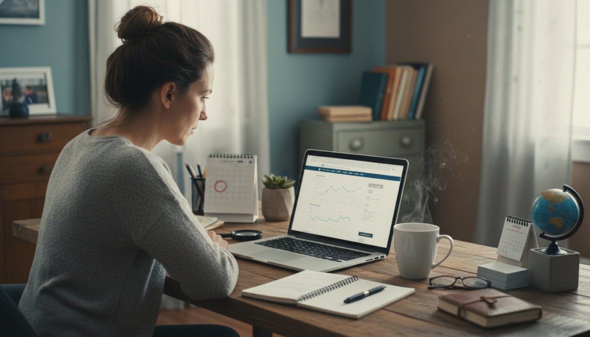 A small business owner sitting at a cluttered wooden desk reviewing website analytics on a laptop, a spiral notepad and half-finished coffee cup nearby, warm afternoon light coming through a window in a cozy home office