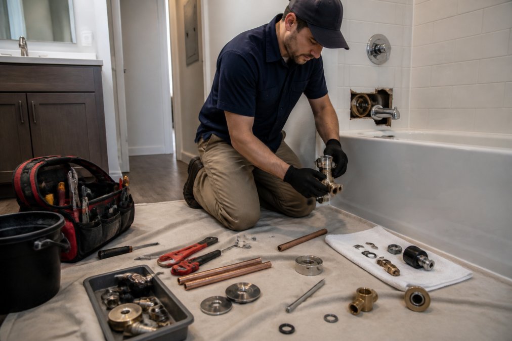 Maintenance technician installing a shower valve replacement in a bright apartment bathroom.