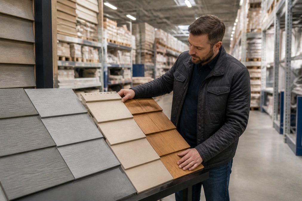 A homeowner in a home improvement store aisle comparing fiber cement, vinyl, and cedar siding samples laid out on a display table under bright overhead lighting
