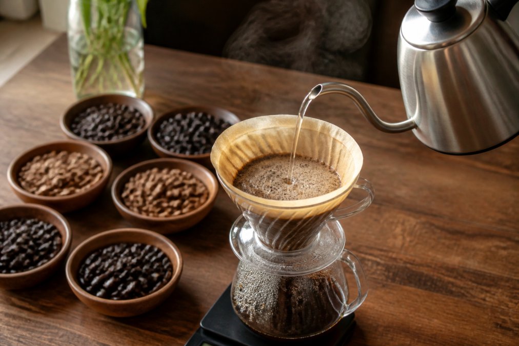 A close-up photo of a pour over setup on a wooden kitchen counter: a glass V60 dripper with a paper filter, a gooseneck kettle pouring a thin stream of hot water over freshly ground coffee, steam rising, with several small bowls of whole bean coffee in the background showing different roast colors