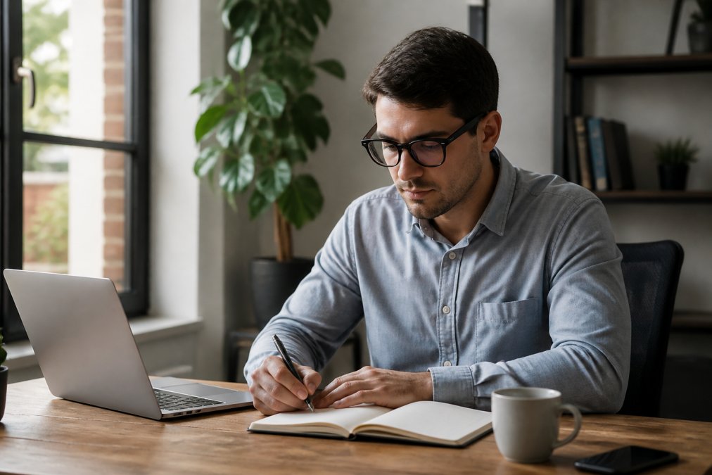 Young professional working at a desk using affordable smart glasses in a modern home office setting