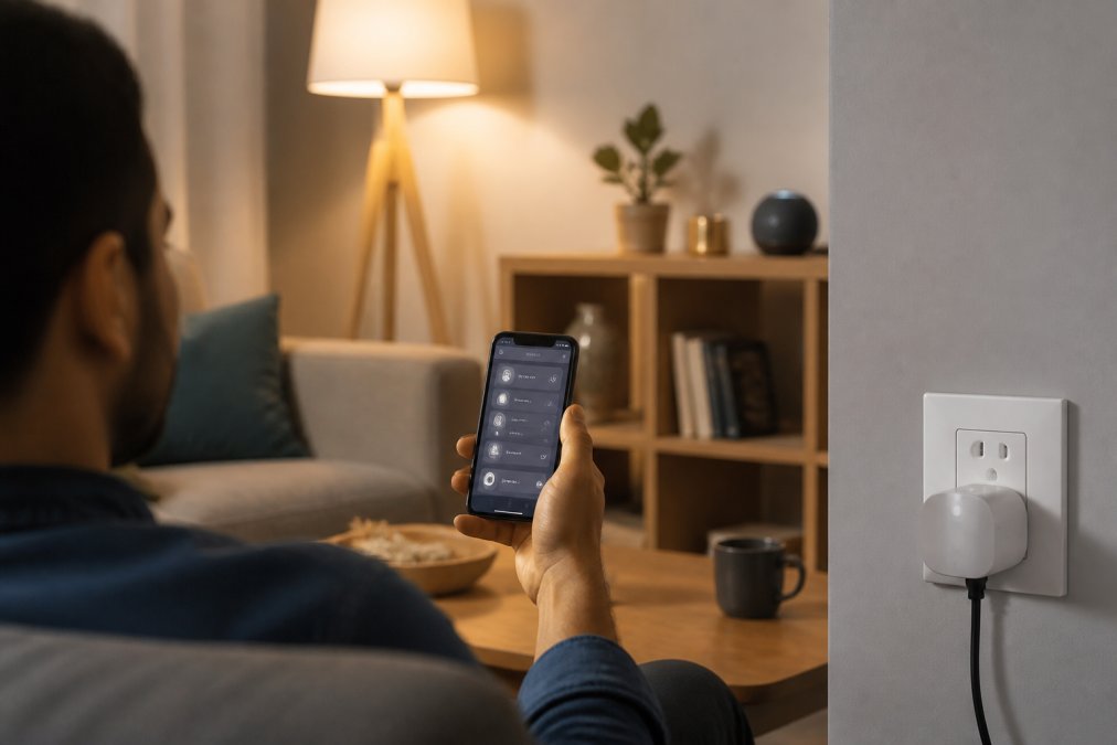 Modern living room with a person holding a smartphone displaying smart home controls, smart speaker visible on shelf, smart plug in wall outlet with warm ambient lighting