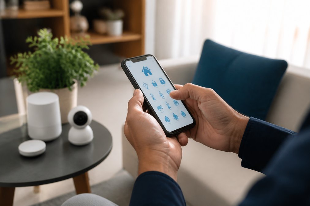 Close-up of hands holding smartphone displaying smart home app with multiple device controls, smart home devices visible in blurred background, natural lighting