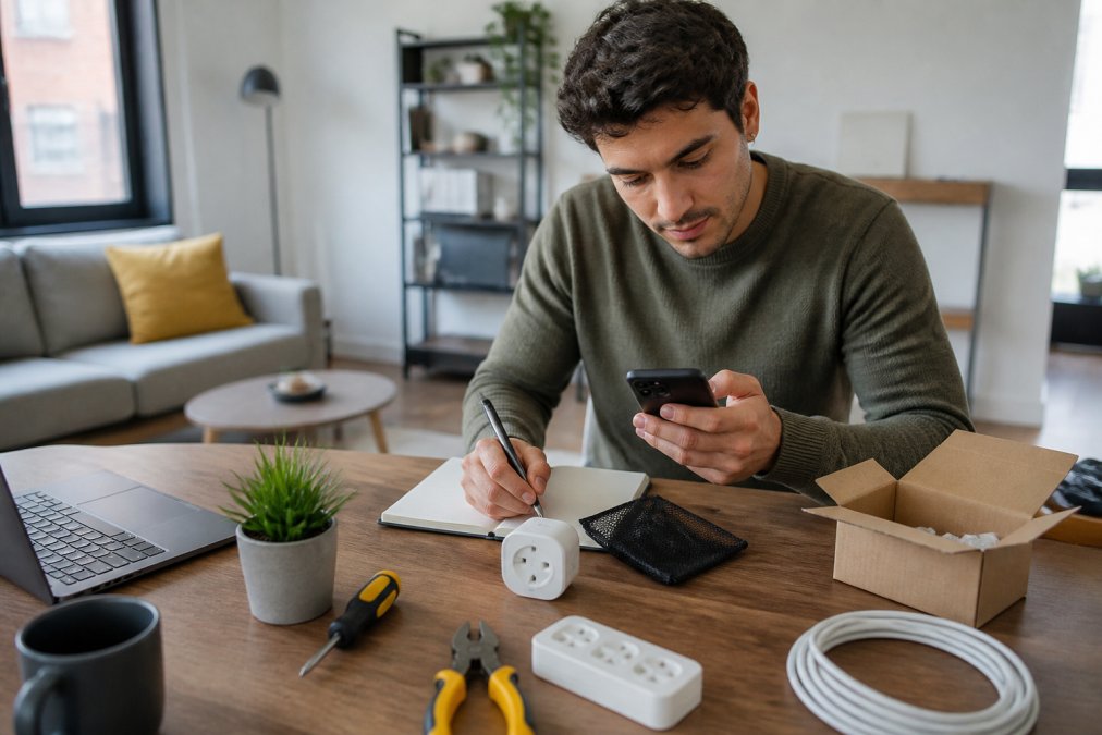 A young professional sitting at a small apartment desk with a smartphone, a smart plug, and a notebook, setting up a budget smart home device in a bright living room