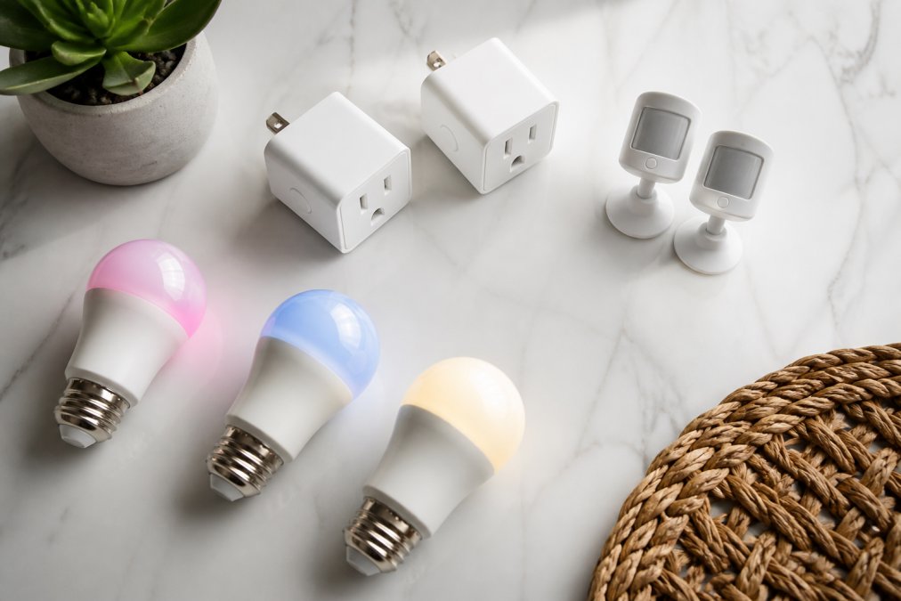 Flat lay arrangement of affordable smart home devices including white smart plugs, smart LED bulbs in various colors, motion sensors, and a smartphone displaying a smart home app interface on a clean white surface with soft natural lighting