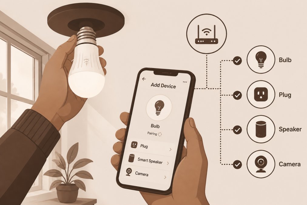 Close-up of hands carefully screwing a smart LED bulb into a ceiling light fixture while a smartphone in the person's other hand displays a smart home app showing device pairing options, with warm natural window lighting