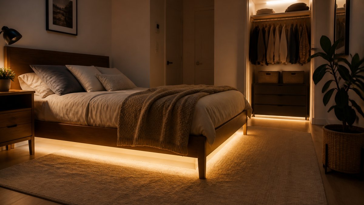 Compact apartment bedroom at night with motion-activated LED strips glowing softly under a bed frame and in a small closet, showing how wireless lighting brightens tight spaces without visible clutter or wiring