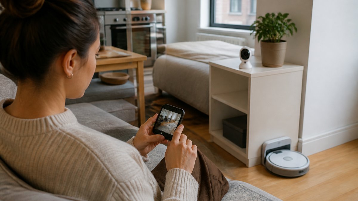 A young renter sitting on a sofa in a compact studio apartment, tapping a phone app that shows a live camera feed, with a small camera on a shelf nearby and a robot vacuum docked in the corner