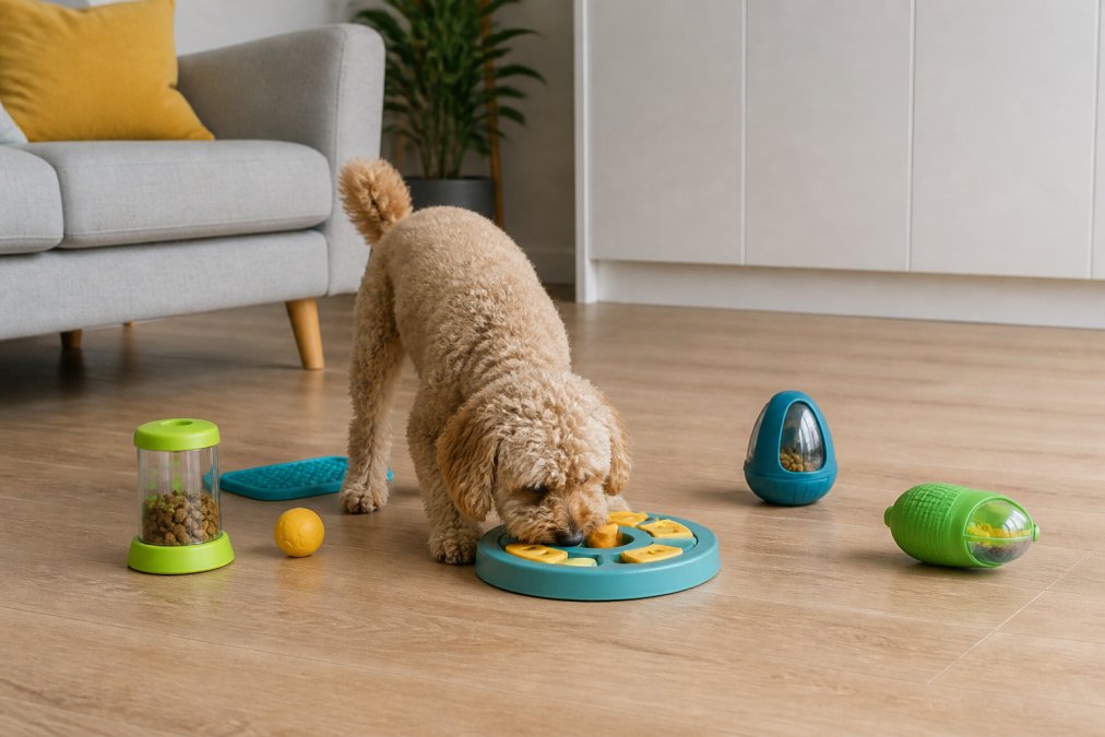 A small dog actively engaged with a puzzle toy on a compact apartment living room floor, with treat dispensers and interactive toys arranged nearby on a light wooden surface, showing how enrichment devices fit naturally into confined spaces