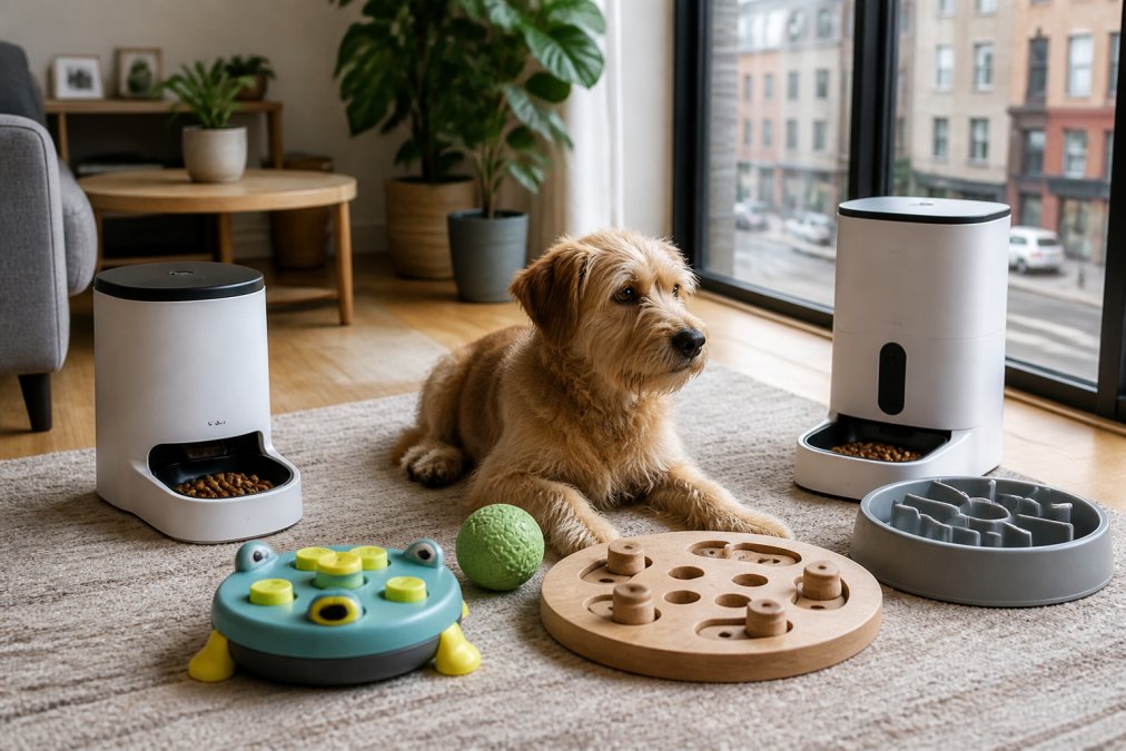 A busy professional's apartment showing a dog surrounded by multiple smart feeding gadgets and puzzle toys arranged compactly on a living room floor, with a window overlooking an urban street, demonstrating practical space-saving enrichment setup
