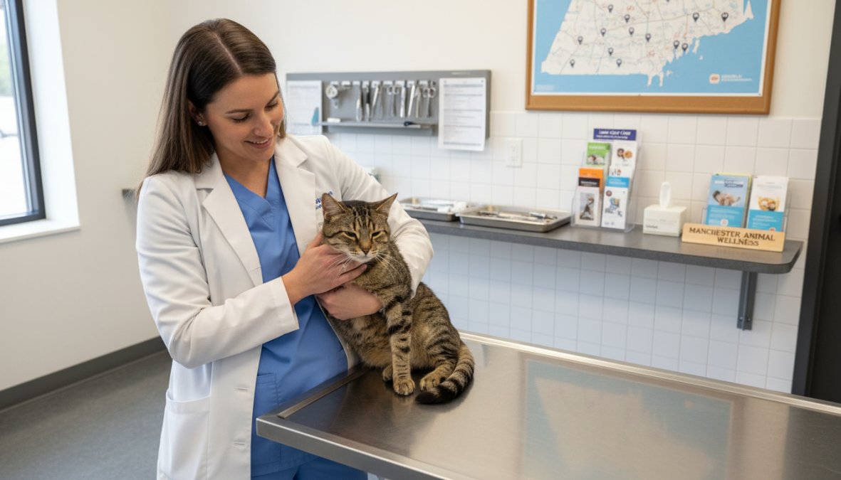 A friendly veterinarian in blue scrubs gently holding a calm tabby cat on a stainless steel exam table inside a clean, well-lit modern veterinary clinic with white walls and medical equipment visible in the background