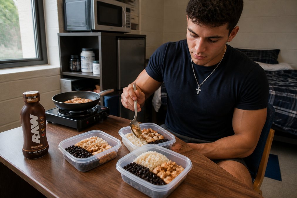 Student in dorm room preparing meals in clear plastic containers with cooked rice, beans, and chicken on a small desk, with a hot plate and microwave visible in background, natural window lighting
