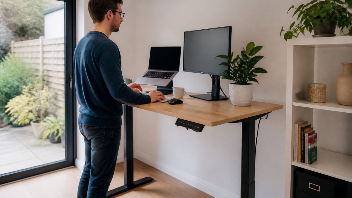 A person working at an electric standing desk in a bright, tidy home office, with a laptop, monitor and plant on the desk, standing posture