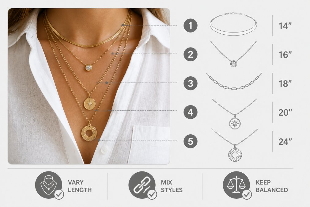 Woman wearing layered gold-plated necklaces of varying lengths paired with a simple white linen shirt, photographed from the collarbone down with natural window lighting, showing how multiple pieces work together harmoniously